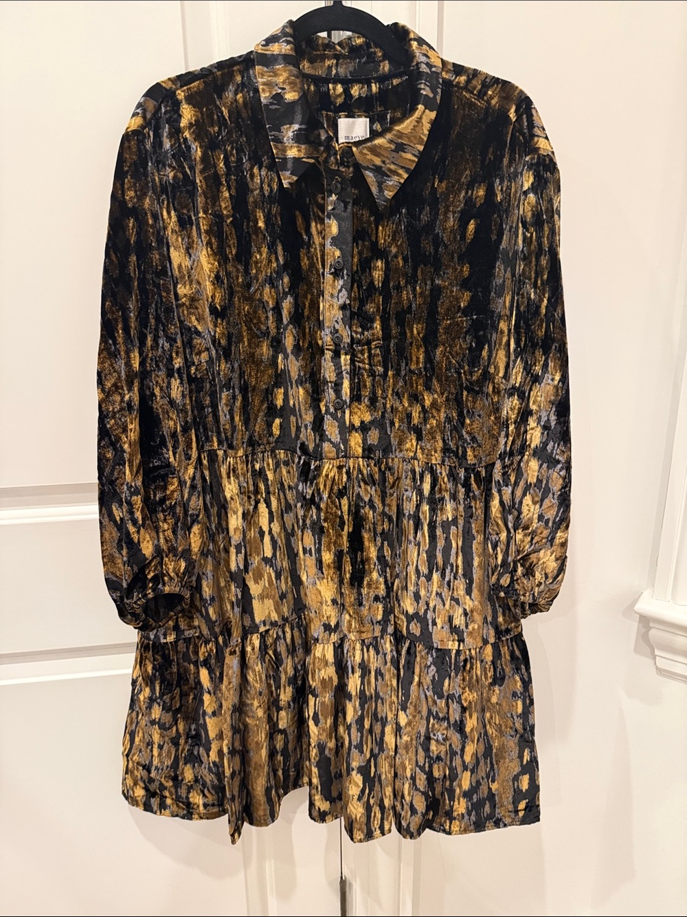 Maeve Black & Gold Velvet Tiered Mini Shirtdress Size 1X